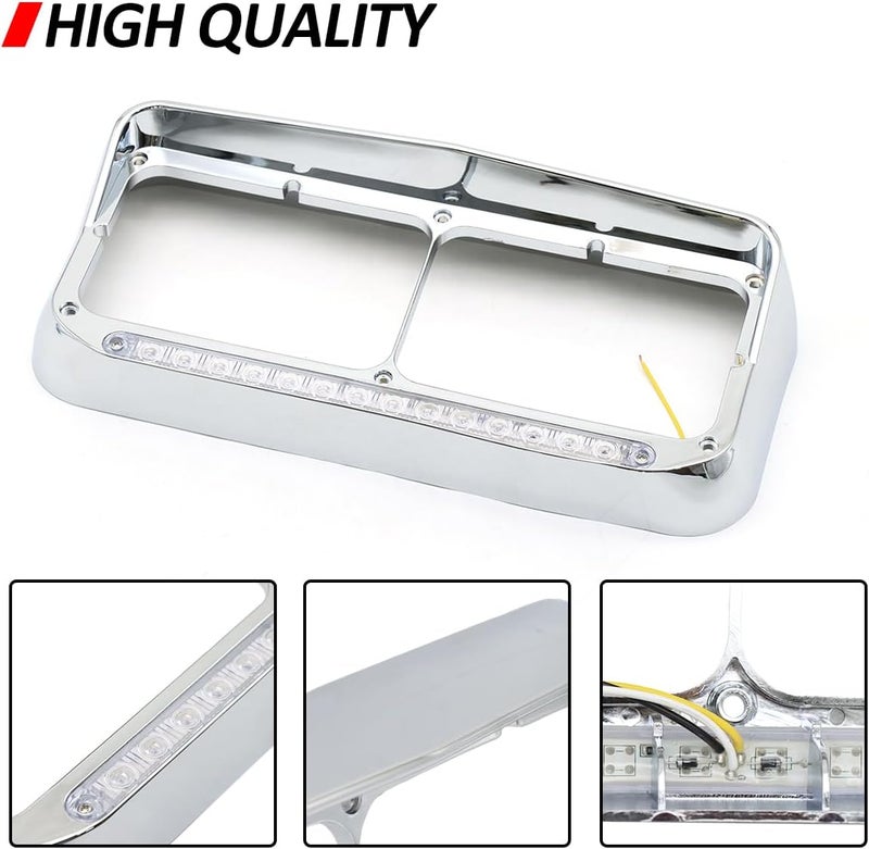 LEAVAN Dual Rectangular 2X for 4x6 Light Headlight Bezel with 12" Amber LED Light Strip for Kenworth T400 T600 T800 W900B W900L Peterbilt 378 379 Western Star 4900 Trucks (Clear Lens/White LED) - Image 2